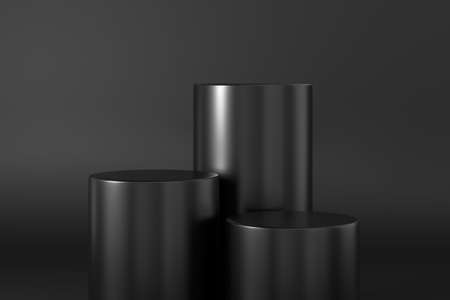 Empty stands for product presentation. Black pedestals on a dark background. 3d rendering. Mock-up.の写真素材