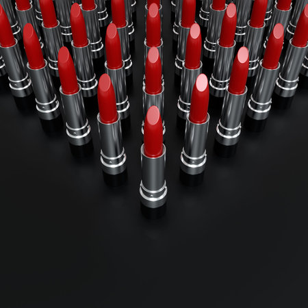 Creative presentation of red lipsticks at an angle on a black background. 3d illustration. Glamorous accessories. Top view of lipstick.の写真素材