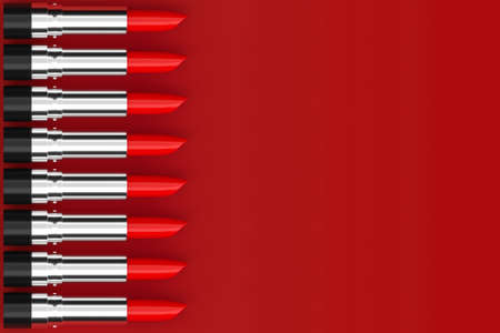 Creative red background with red lipsticks in a row. 3d illustration. Glamorous accessories. Lipsticks are positioned vertically to the left.の写真素材