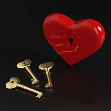 Lock in the form of a heart with keys on a black background. Valentine's Day. Love concept. Picking up the keys to the heart. 3d rendering.の写真素材