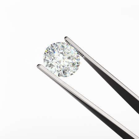 Tweezers are holding a diamond. Object on a white background. Gemstone Industry. Examination for authenticity. 3d rendering.の写真素材