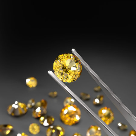 Tweezers holds a yellow sapphire. A scattering of sapphires on a black surface. Gemstone Industry....