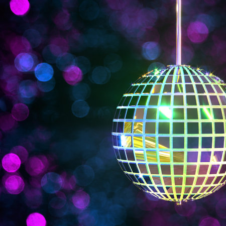 Creative image with disco mirror ball. Party accessories. Festive background. Multi-colored shimmering bokeh. 3d rendering.の写真素材