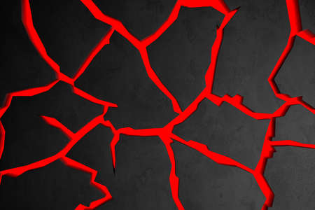A background of cracked earth with lava. A volcanic eruption. Dark design style. 3d illustration.の写真素材