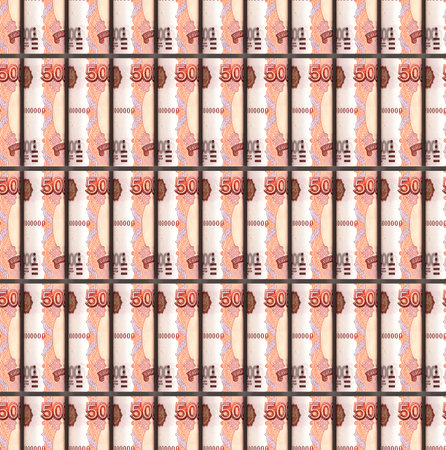 Seamless pattern of rolled up Russian ruble bills. Creative money pattern. The rolls of banknotes...