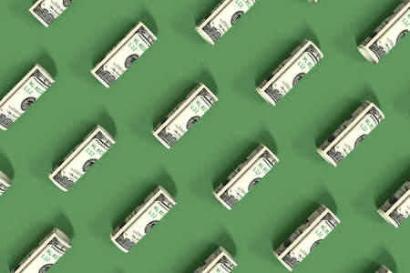 Rolled up dollar bills lie on a green surface. Creative money pattern. The banknotes are arranged diagonally. 3d illustration.の写真素材