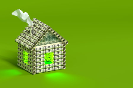 A creative house made of money logs. Logs in the form of rolls of dollar bills. The concept of investing money in real estate. Bright green background. 3d illustration.の写真素材