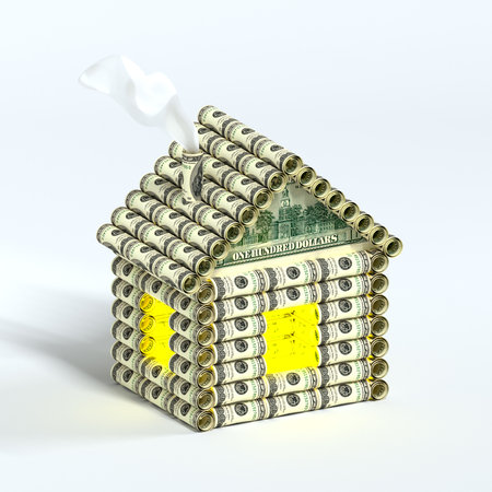A creative house made of money logs. Logs in the form of rolls of dollar bills. The concept of investing money in real estate. Object on a white background. 3d illustration.の写真素材