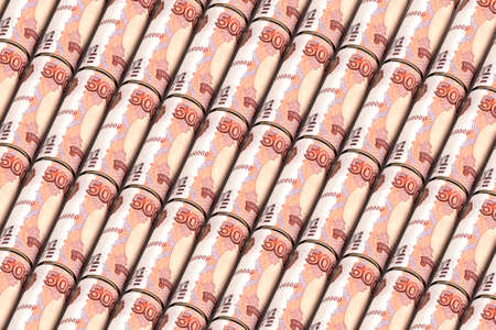 Background from rolled up ruble bills. Creative money pattern. The banknotes are arranged diagonally. 3d illustration.の写真素材