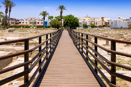 Cyprus, Larnaca -28 June 2021. A tourist bridge over the ruins of the ancient city of Kition. City-kingdom of the Bronze and Iron Ages on the southern coast of Cyprus.のeditorial素材