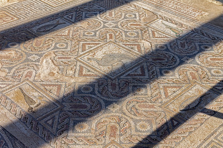 Cyprus, Limassol - 29 June 2021. Floor mosaic in the house of Eustolios in the ancient city of Kourion. In the image, two fish and three birds are symbols of paganism and Christianity.のeditorial素材