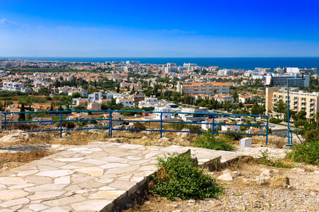Cyprus, Protaras - 22 June 2021. View from the mountain on top of which is the Church of Saint Elias (Ayios Ilias, Profitis Elias) .The survey includes a part of the village and the Mediterranean Sea.のeditorial素材