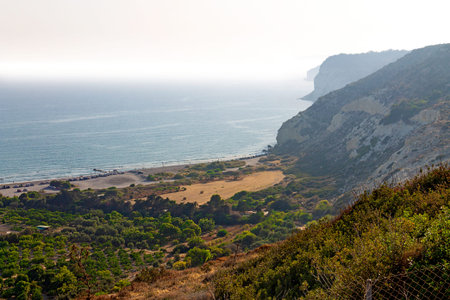 View of Episkopi beach and the Mediterranean Sea from the observation deck of the ancient city of Kourion. This place is near Limassol in Cyprus.の写真素材