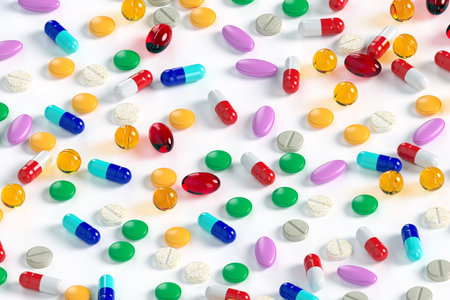 Background of colorful tablets and pills on a white surface. Variety of vitamins. Production of...