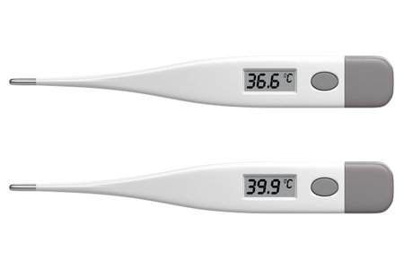 Two isolated electronic thermometers with normal and high temperature markings on the display....