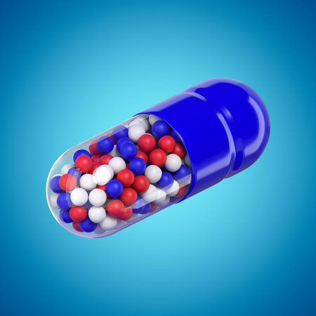 The medicine capsule with granules on a blue background in isometric view. Production of drugs....