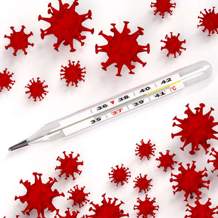 Mercury thermometer with high temperature mark surrounded by coronaviruses. Temperature rise trend. 3d rendering.の写真素材