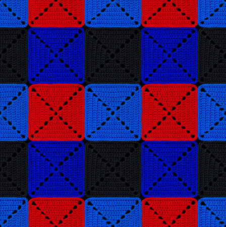Seamless knitted pattern in patchwork style. The geometric elements are crocheted from multi-colored...