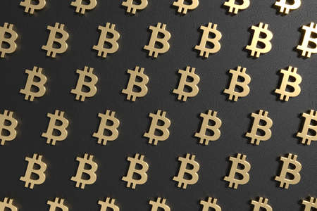 Background from symbols of cryptocurrency. Gold bitcoins are ordered diagonally. Mining digital currency. 3d rendering.の写真素材