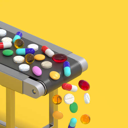 Different tablets and pills ride on an assembly line. The production of drugs. The concept of vitamin diversity. 3d rendering.の写真素材