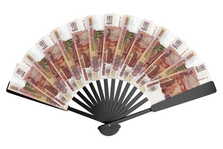 Fan of Russian ruble banknotes. Wealthy life concept. Object on white background. 3d rendering.の写真素材