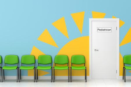 Waiting room for the pediatrician's office. Bright children's interior design. Empty chairs line up. 3d rendering.の写真素材