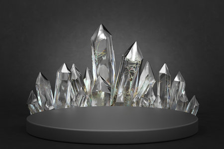 Mock-up for the presentation of products in the style of hyperrealism. Black platform with white crystals. Dark noisy background. 3d rendering.の写真素材