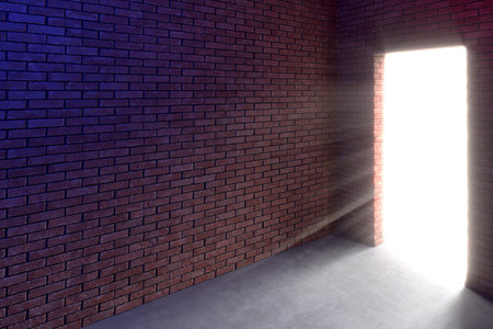 Minimalistic scene with exit from darkness to light. flashlight. Dark room in a corner perspective. 3d rendering.の写真素材