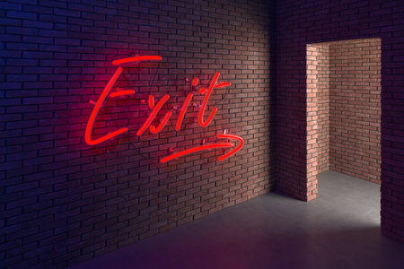 On a brick wall there is a glowing red neon sign with the inscription exit with an arrow towards...
