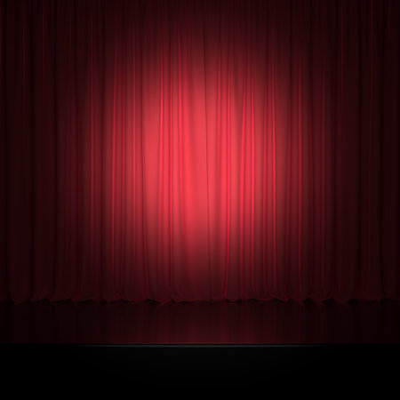 Mock-up in the form of a stage with a closed theatrical curtain. Subdued lighting with a spotlight in the center. no people. 3d rendering.の写真素材