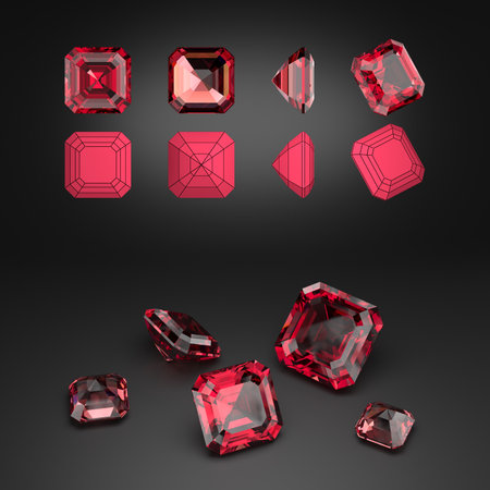 Demonstration of a asscher cut ruby from different angles. Scheme of cutting. Scattering of gemstones. Black background. 3d rendering.の写真素材