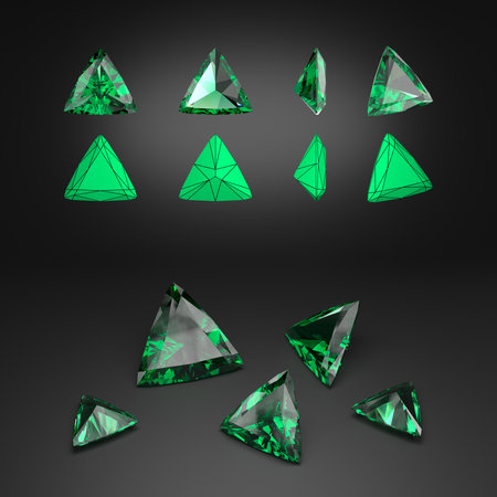 Demonstration of an emerald in the trillion-cut from different angles. Scheme of cutting. Scattering of gemstones. Black background. 3d rendering.の写真素材