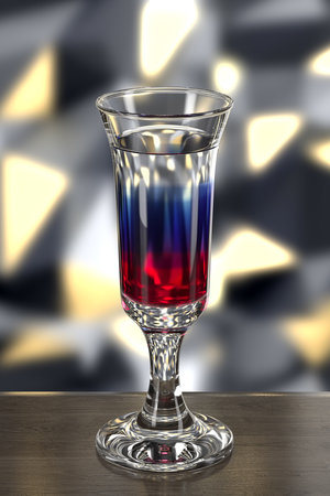 Pousse cafe glass with multi-layered liquor on wooden table against wall with spotlights. Bar theme. Dark environment. 3d rendering.の写真素材