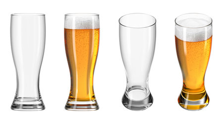 Glass with beer on white isolated background. Set of empty glasses and with drink in different angles. Bar theme. 3d rendering.の写真素材
