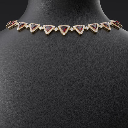 Luxurious necklace of diamonds and rubies in a trillion cut on the leather stand in the form of the bust. Jewelry showcase. Mock-up. 3d rendering.の写真素材