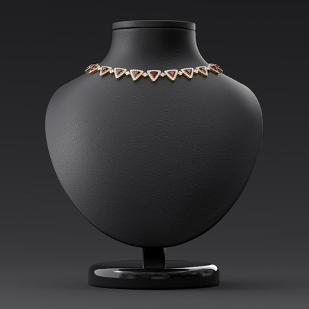 Luxurious necklace of diamonds and rubies in a trillion cut on the leather stand in the form of the bust. Jewelry showcase. Front view. 3d rendering.の写真素材