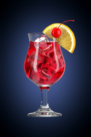 Glass with cocktail on accent gradient background. Bar theme. Drink with orange and cherry. 3d rendering.の写真素材