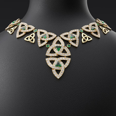 Luxurious necklace of diamonds and emeralds on the leather stand in the form of the bust. Irish style. Jewelry showcase. Close-up. 3d rendering.の写真素材