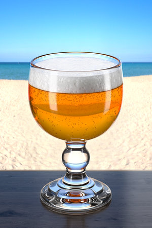 Glass with beer on the wooden table in the beach bar. Picturesque background with sand and sea. Glassware with the drink. 3d rendering.の写真素材