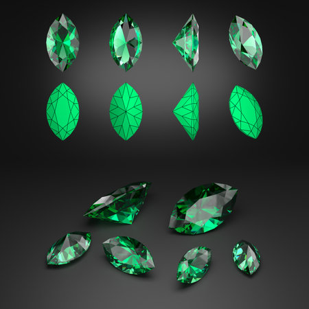 Demonstration of the emerald in the marquise-cut from different angles. Scheme of cutting. Scattering of gemstones. Black background. 3d rendering.の写真素材