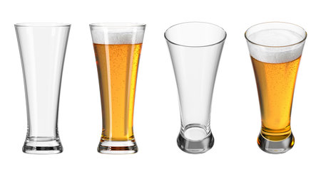 Glass with beer on white isolated background. Set of empty glasses and with drink in different angles. Bar theme. 3d rendering.の写真素材