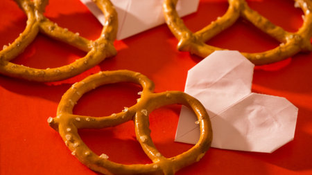 Heart-shaped baked goods pretzels with red background