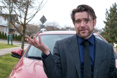 Caucasian man in his 30s smoking in front of red car