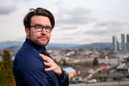 Caucasian man posing from camera's point of viewの写真素材