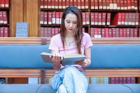 College student sitting on couch in library reading bookの写真素材