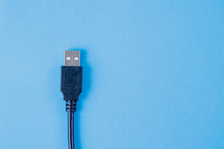 USB cable isolated on blue background. Top view. Copy space.の写真素材