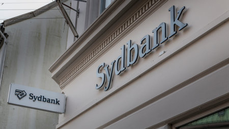 Randers, Denmark - 08 feb 2020: The logo of the Sydbank building in Randers.