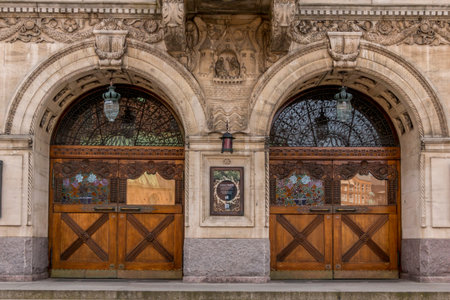 Aarhus, Denmark - 24 march 2020:  Front Door of The Aarhus Theatre (Aarhus Teater) in Aarhus, is the largest provincial theatre in Denmark. The style of the building is Art Nouveau, with emphasis on natural materials.のeditorial素材