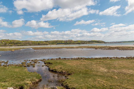 Some small lakes in a field where the sky makes a mirror image in the water, Blue sky. The wildlife...