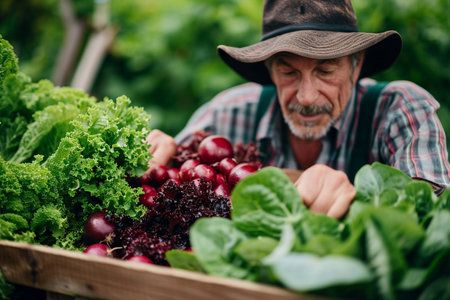 Senior farmer working in his vegetable garden. He is holding a crate full of radishes and lettuce.の素材